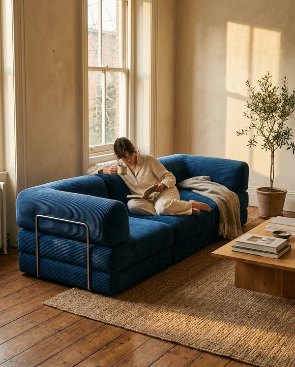NORA GRAND · Grand canapé droit convertible velours côtelé · Bleu