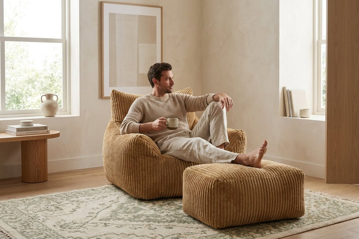 Pause café dans le fauteuil pouf Pola caramel