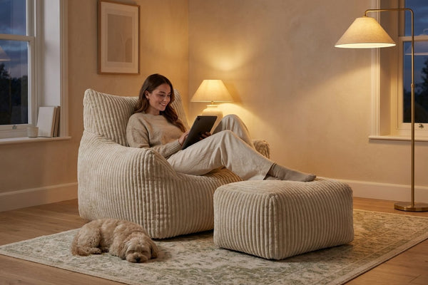 Soirée détente dans le fauteuil pouf Pola blanc crème avec son ottoman