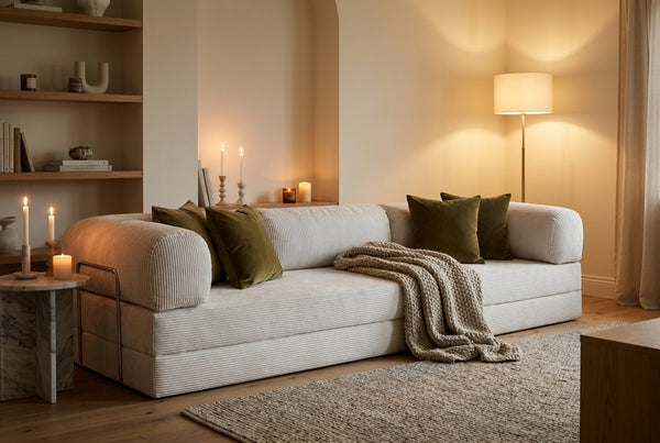 NORA GRAND · Grand canapé droit convertible velours côtelé · Blanc crème
