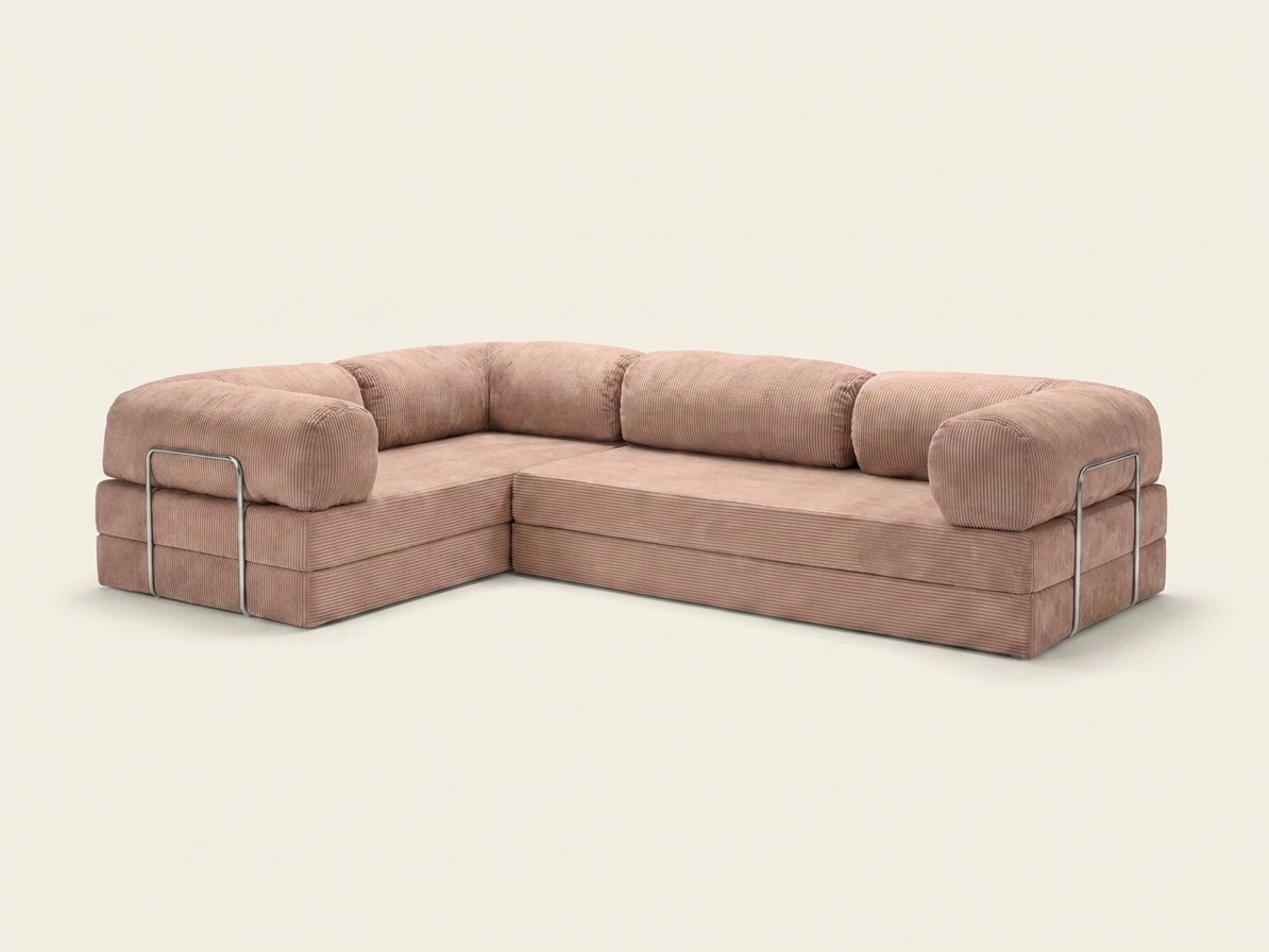 Nora Angle, canapé d'angle convertible en velours côtelé, coloris vieux rose