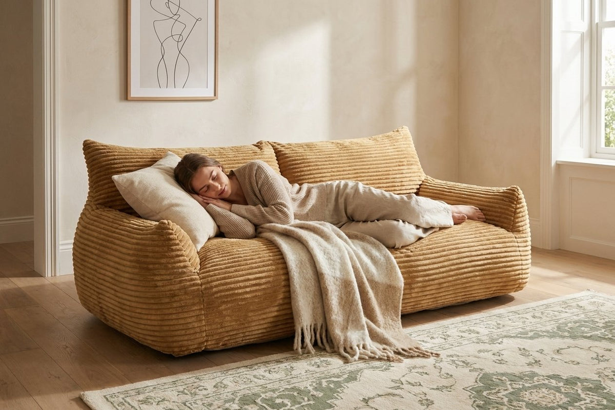 Sieste sur le canapé pouf Pola Duo caramel