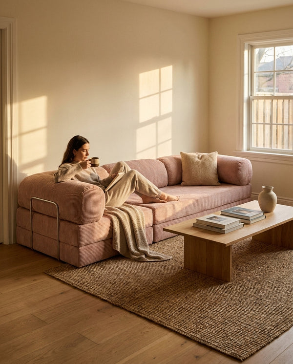NORA ANGLE · Canapé d'angle convertible velours côtelé · Vieux rose