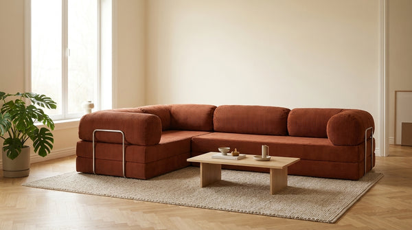 NORA ANGLE · Canapé d'angle convertible velours côtelé · Terracotta