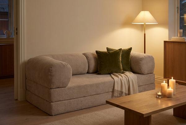 NORA · Canapé droit convertible velours côtelé · Beige