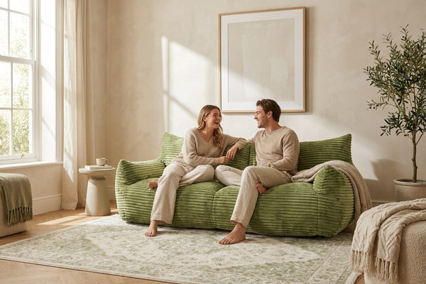 Couple installé sur le canapé pouf Pola Duo vert amande