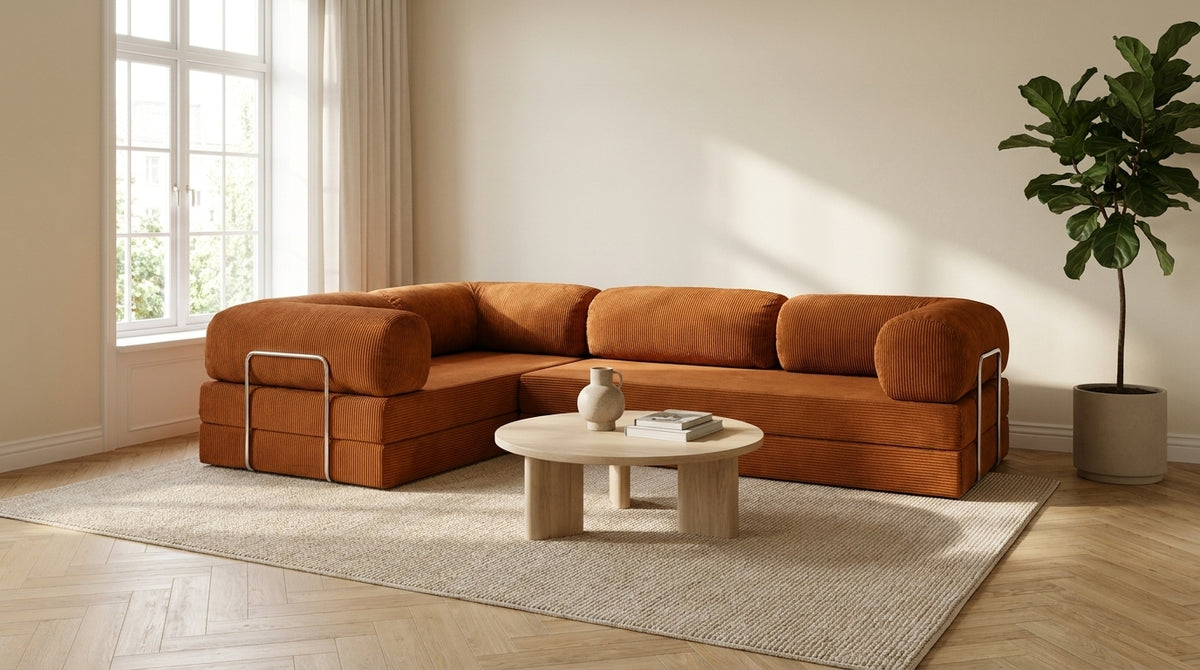 NORA ANGLE · Canapé d'angle convertible velours côtelé · Orange