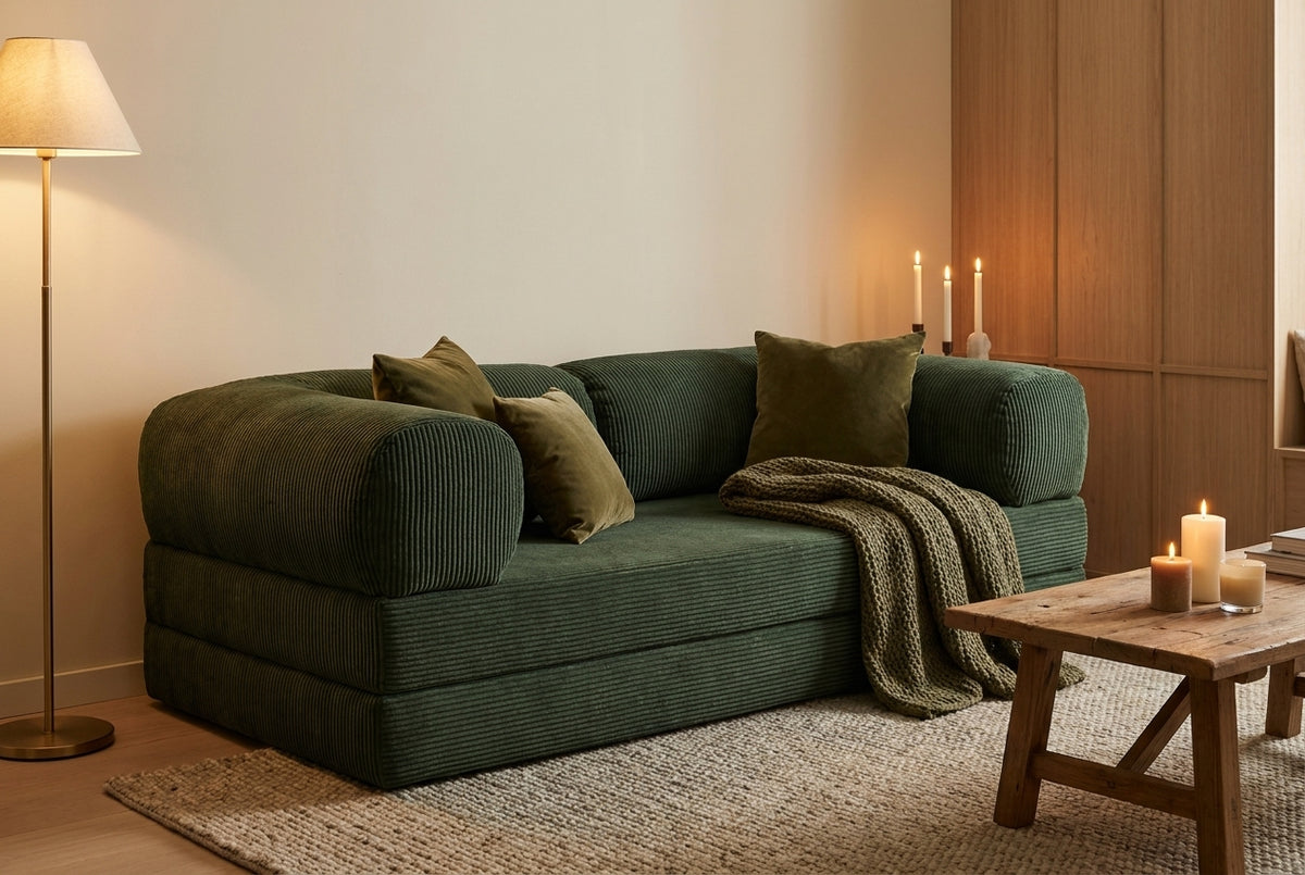 NORA · Canapé droit convertible velours côtelé · Vert