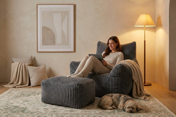 Soirée détente dans le fauteuil pouf Pola gris anthracite avec son ottoman