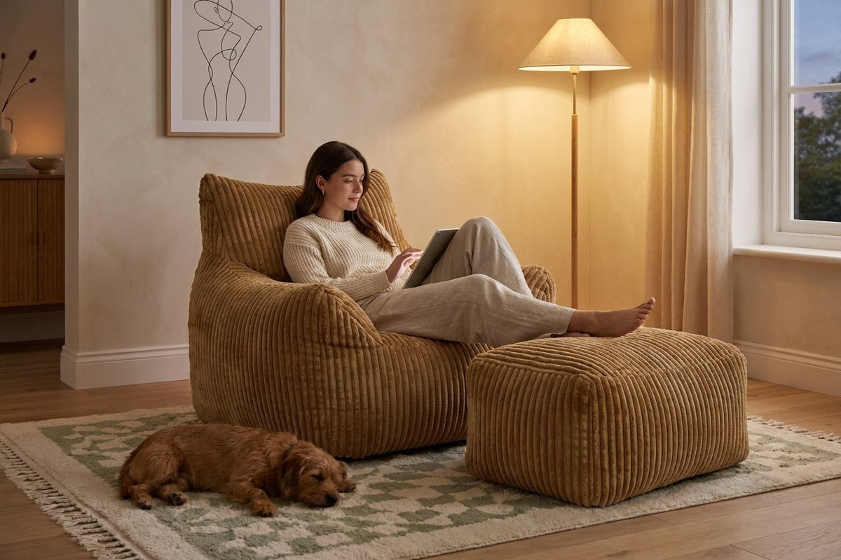 Soirée détente dans le fauteuil pouf Pola caramel avec son ottoman