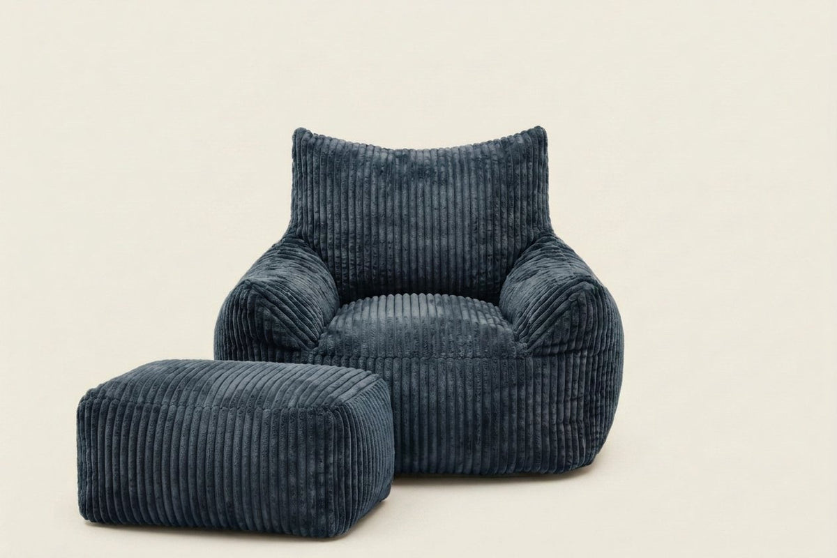 Pola, fauteuil pouf en velours côtelé avec ottoman, coloris bleu nuit