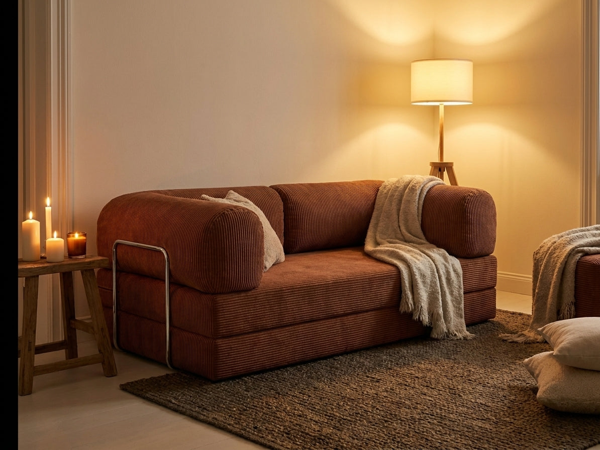 NORA canapé convertible terracotta ambiance du soir