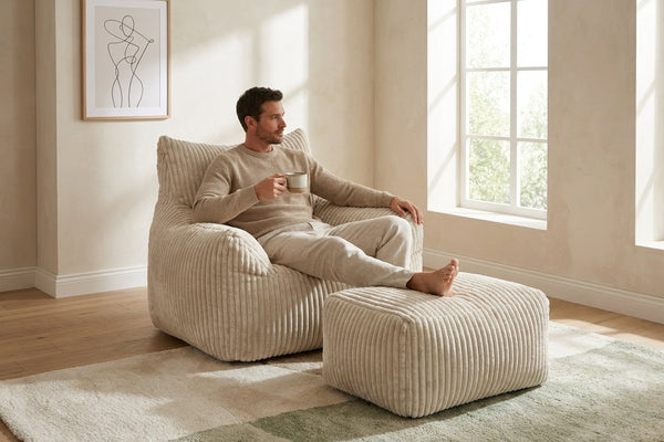 Pause café dans le fauteuil pouf Pola blanc crème