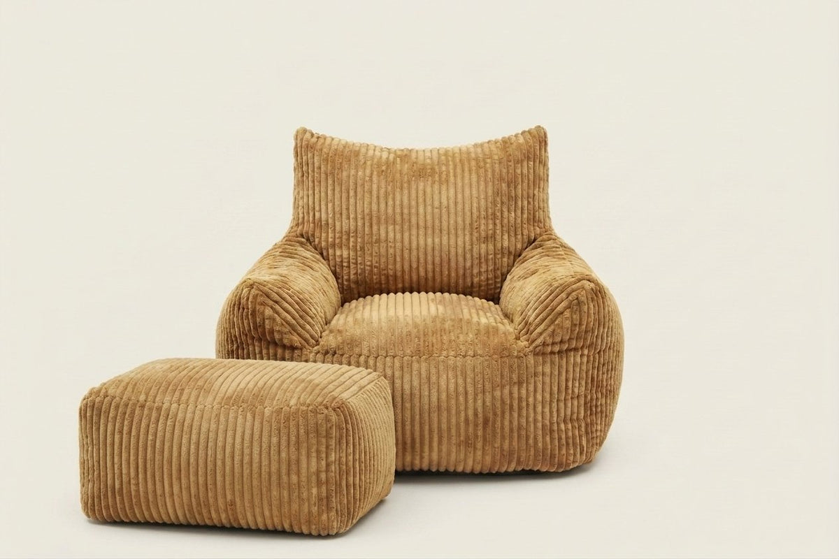 Pola, fauteuil pouf en velours côtelé avec ottoman, coloris caramel