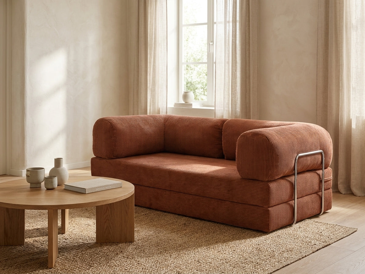 NORA canapé convertible terracotta dans un salon lumineux