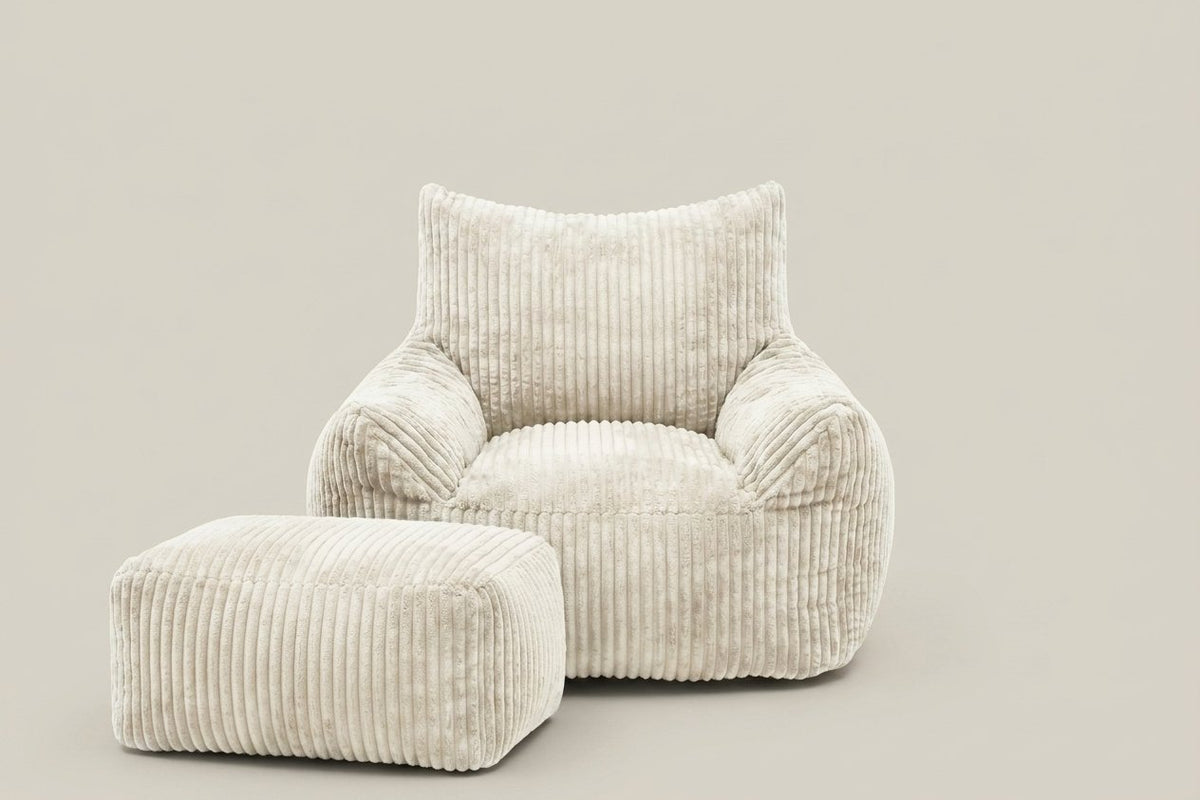 Pola, fauteuil pouf en velours côtelé avec ottoman, coloris blanc crème