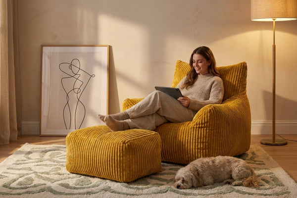 Soirée détente dans le fauteuil pouf Pola moutarde avec son ottoman