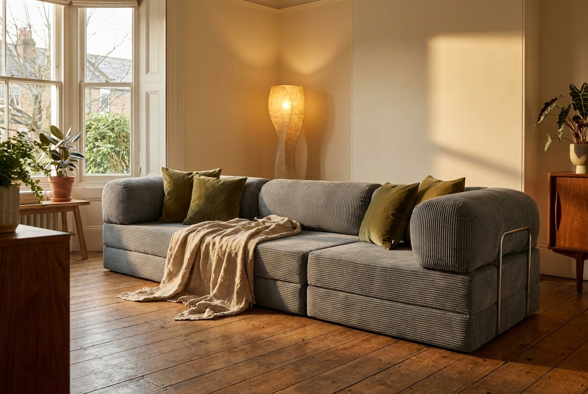 NORA GRAND · Grand canapé droit convertible velours côtelé · Gris
