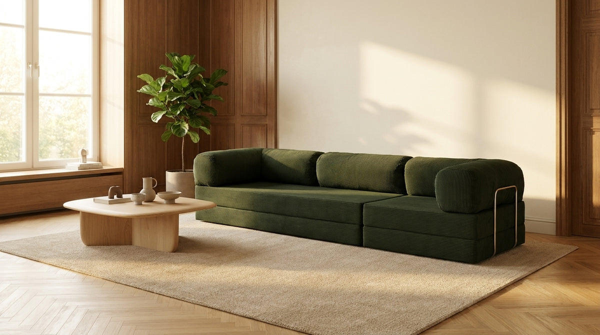NORA GRAND · Grand canapé droit convertible velours côtelé · Vert