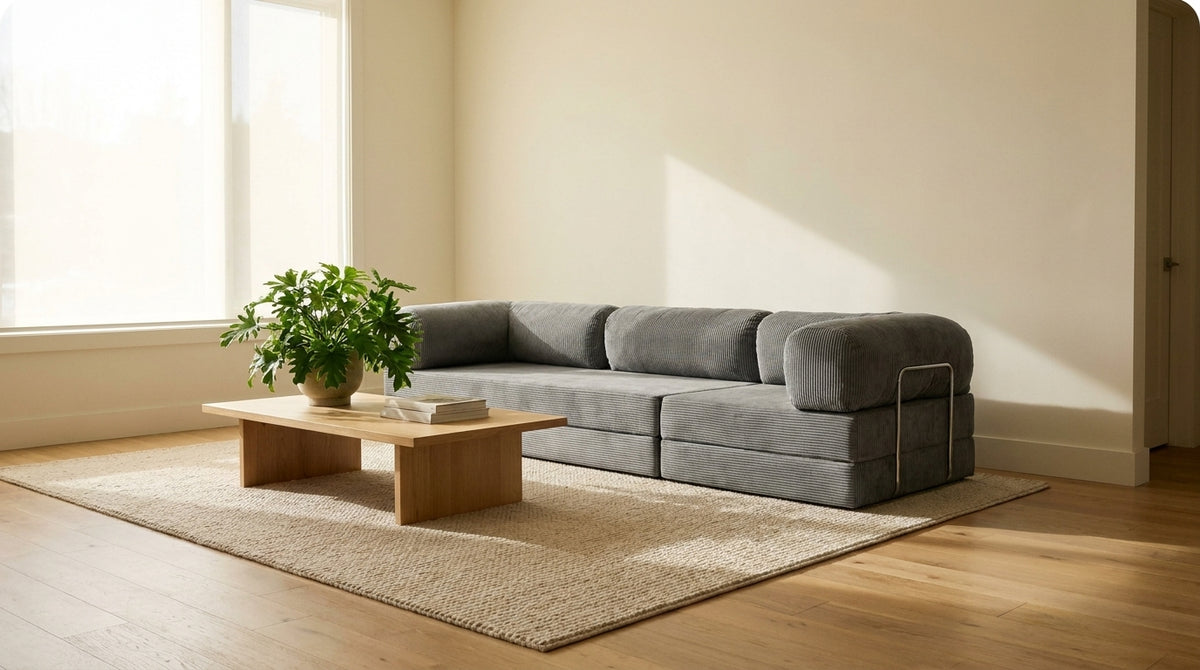 NORA GRAND · Grand canapé droit convertible velours côtelé · Gris
