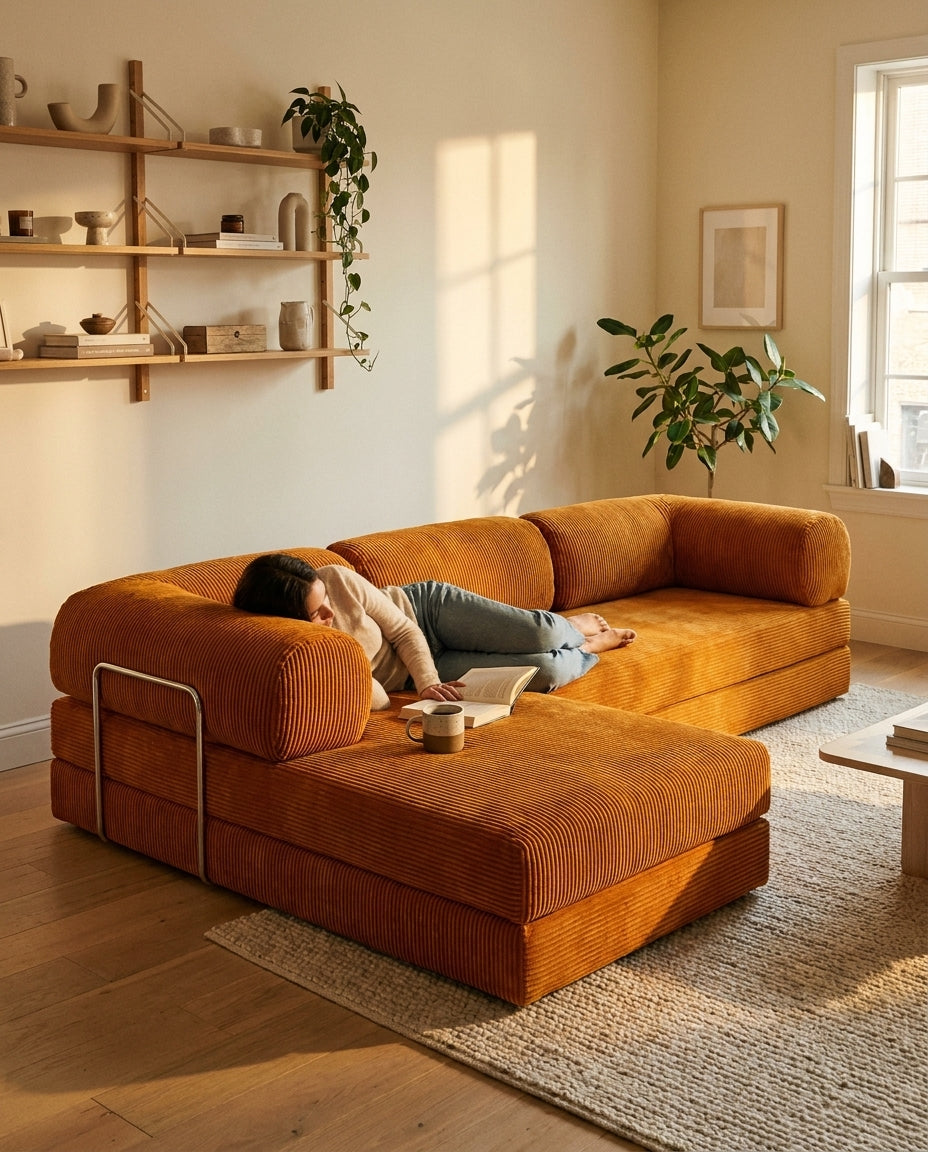NORA ANGLE · Canapé d'angle convertible velours côtelé · Moutarde