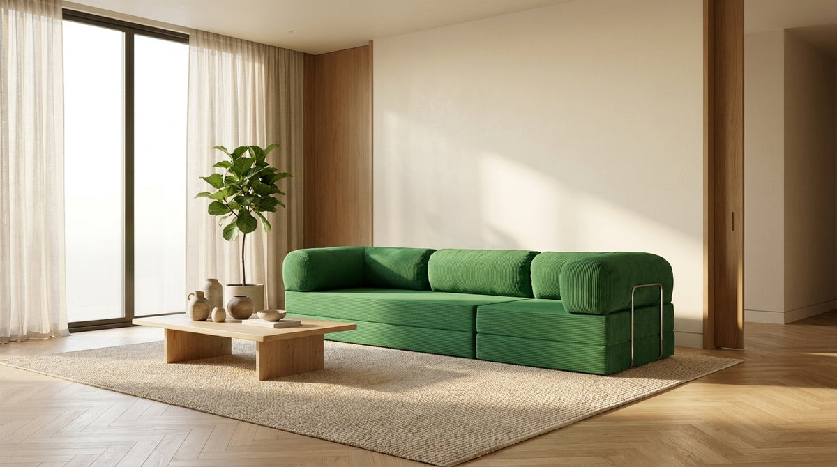 NORA GRAND · Grand canapé droit convertible velours côtelé · Vert sauge