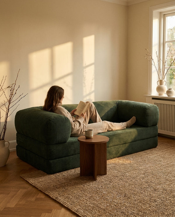 NORA · Canapé droit convertible velours côtelé · Vert