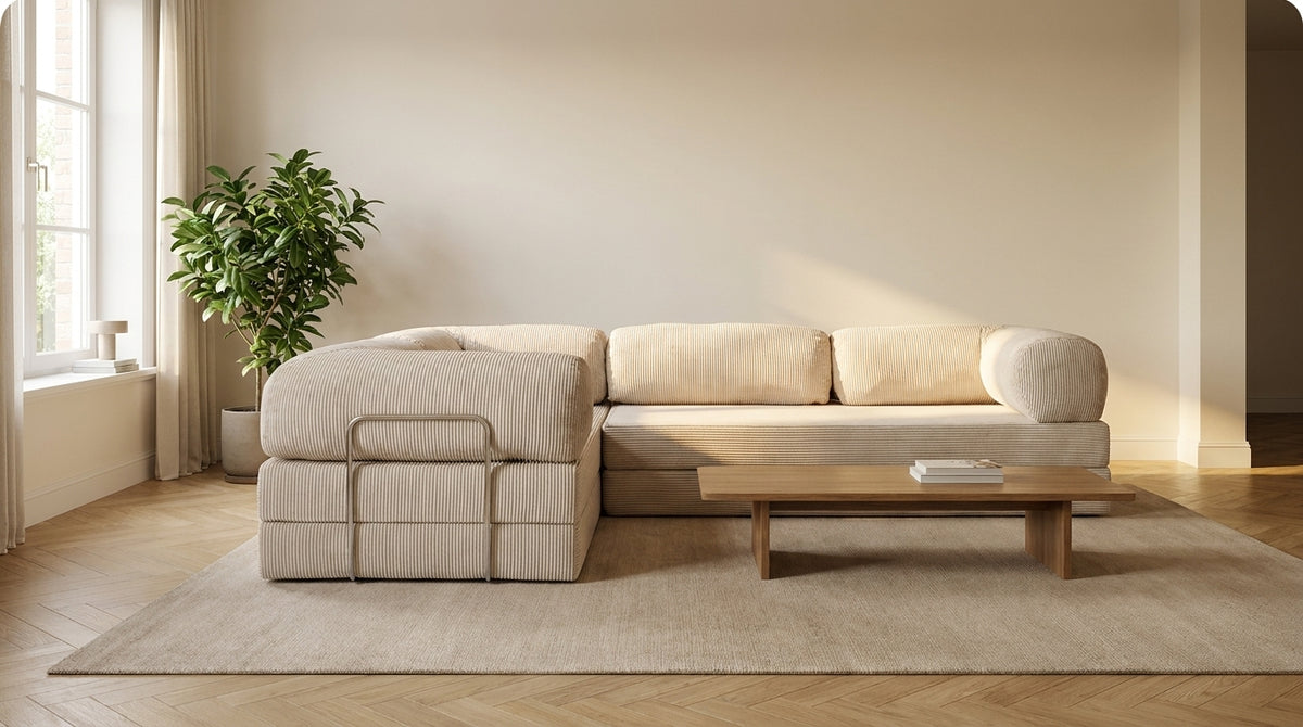 NORA ANGLE · Canapé d'angle convertible velours côtelé · Blanc crème