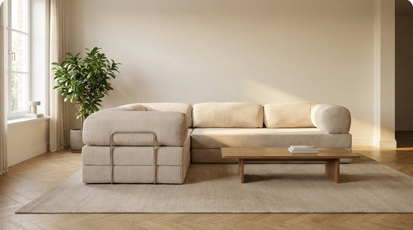 NORA ANGLE · Canapé d'angle convertible velours côtelé · Blanc crème