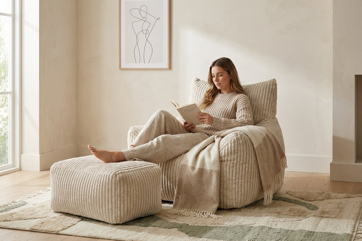 Lecture dans le fauteuil pouf Pola blanc crème, pieds sur l'ottoman