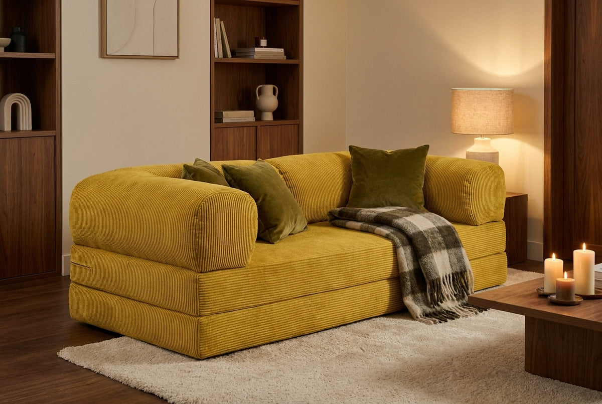 NORA · Canapé droit convertible velours côtelé · Jaune