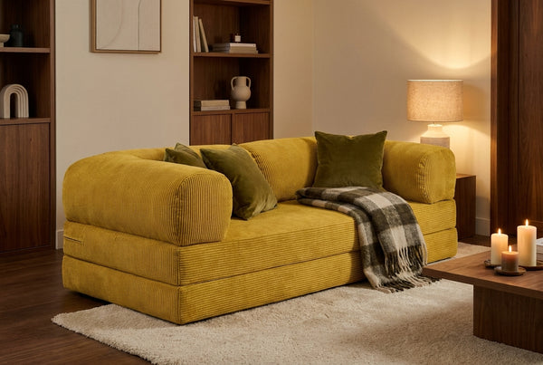 NORA · Canapé droit convertible velours côtelé · Jaune