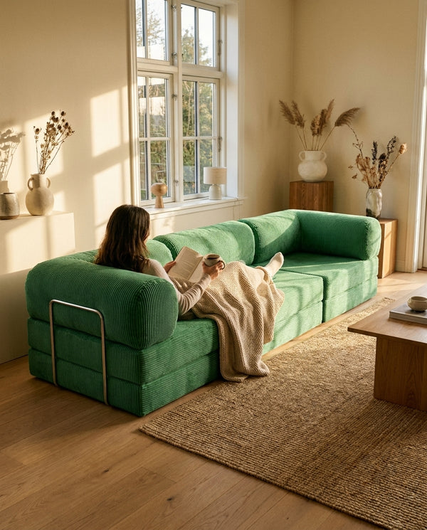 NORA GRAND · Grand canapé droit convertible velours côtelé · Vert sauge