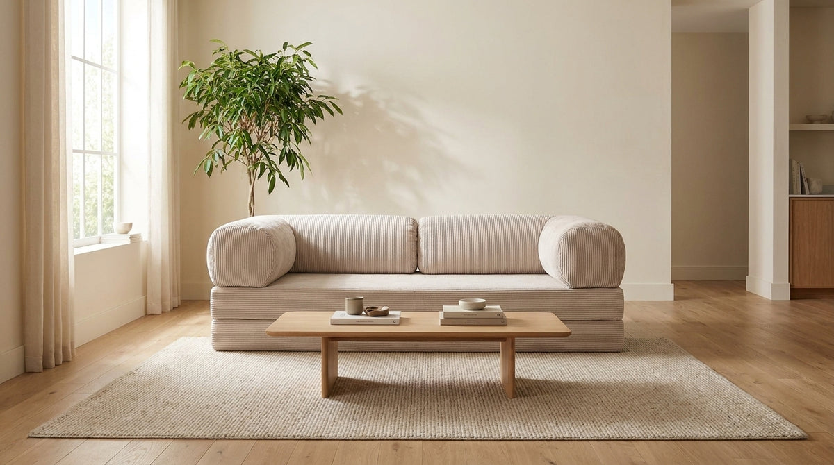NORA · Canapé droit convertible velours côtelé · Beige