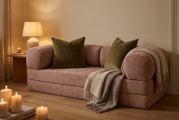 NORA · Canapé droit convertible velours côtelé · Vieux rose