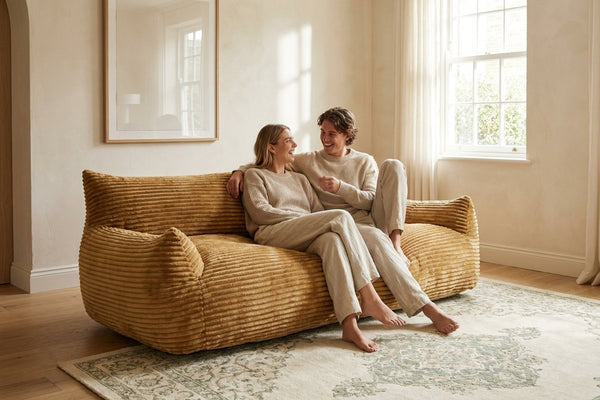 Couple installé sur le canapé pouf Pola Duo caramel