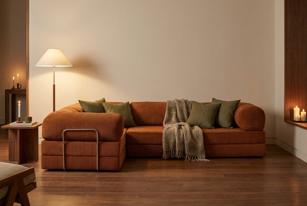 NORA ANGLE · Canapé d'angle convertible velours côtelé · Orange