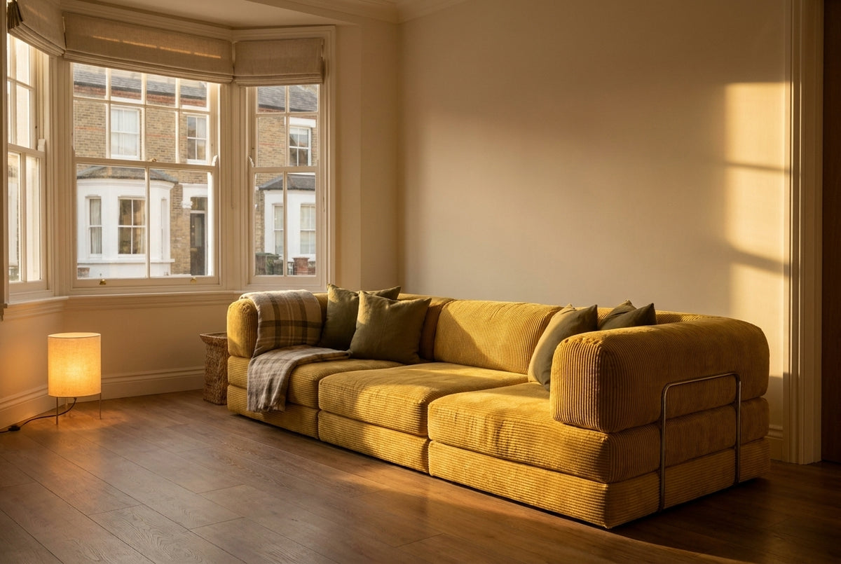 NORA GRAND · Grand canapé droit convertible velours côtelé · Jaune