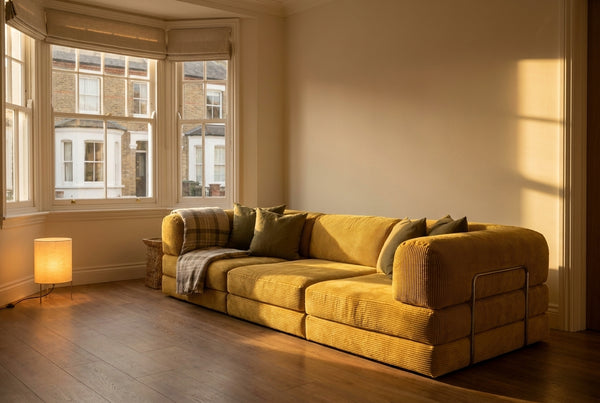 NORA GRAND · Grand canapé droit convertible velours côtelé · Jaune