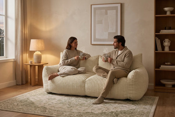 Moment thé sur le canapé pouf Pola Duo blanc crème