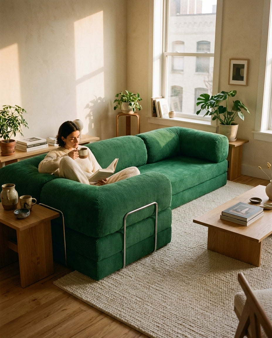 NORA ANGLE · Canapé d'angle convertible velours côtelé · Vert sauge