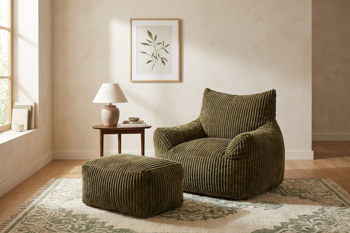 Fauteuil pouf Pola kaki avec ottoman dans un salon lumineux