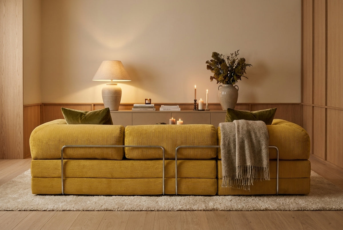 NORA GRAND · Grand canapé droit convertible velours côtelé · Jaune