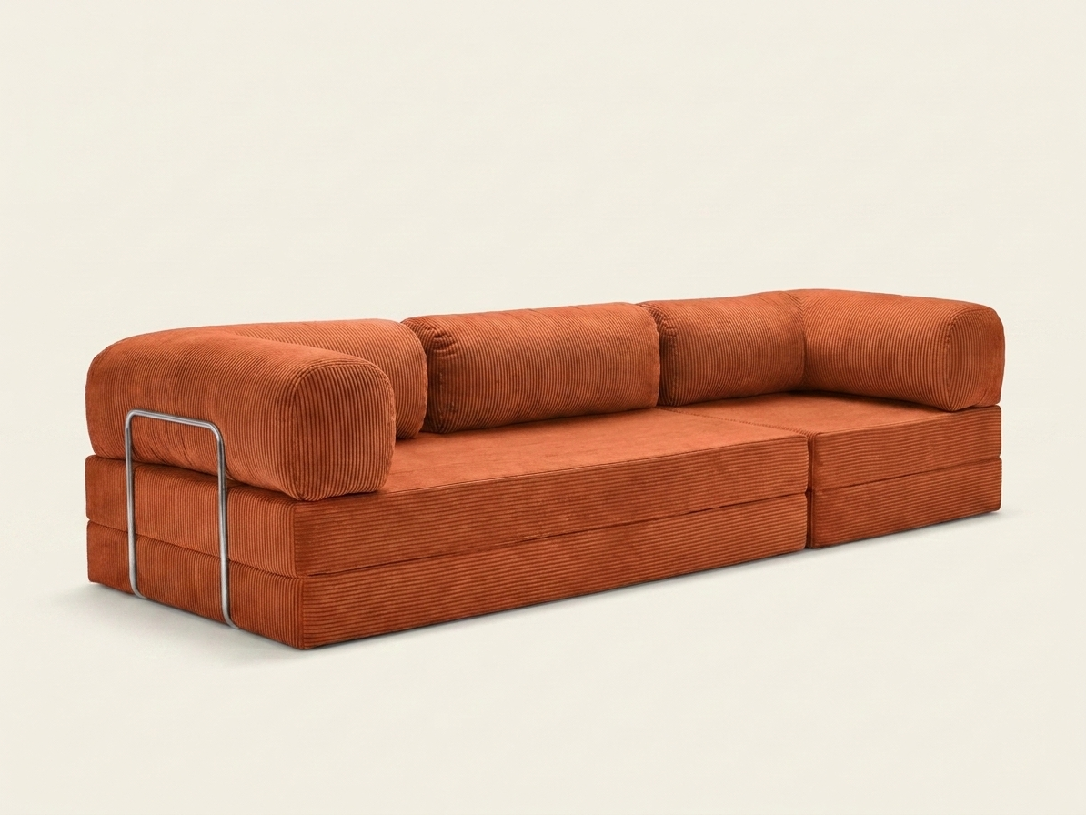 Nora Grand, grand canapé convertible en velours côtelé, coloris orange