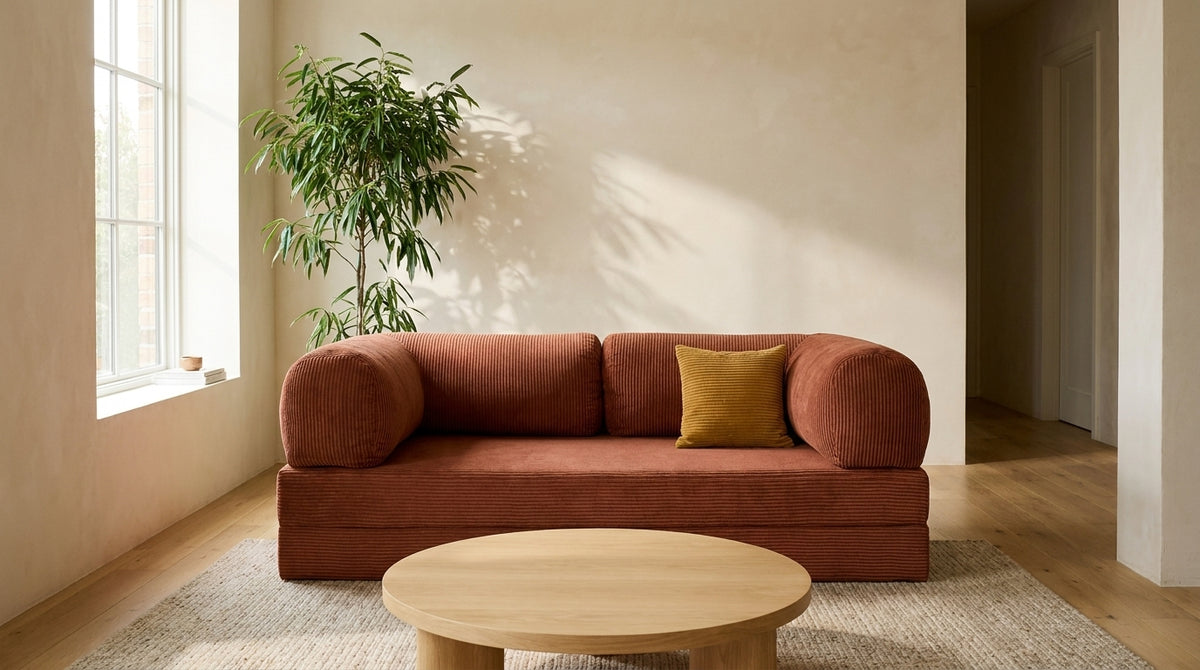 NORA · Canapé droit convertible velours côtelé · Orange
