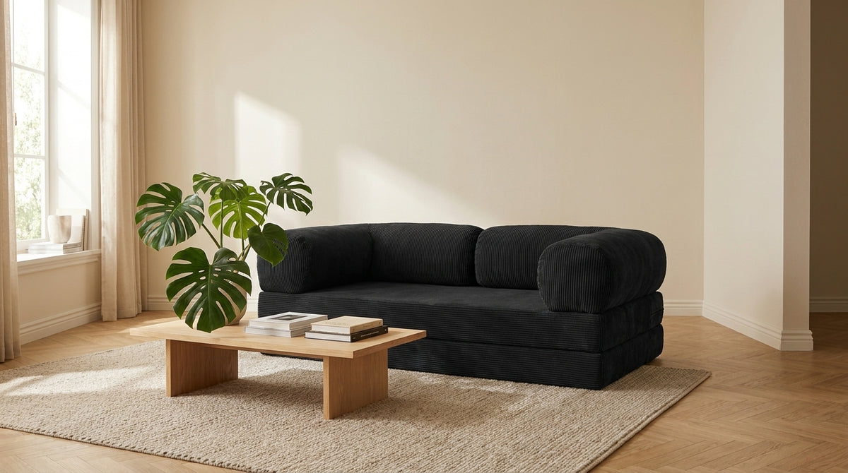 NORA · Canapé droit convertible velours côtelé · Noir