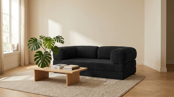 NORA · Canapé droit convertible velours côtelé · Noir