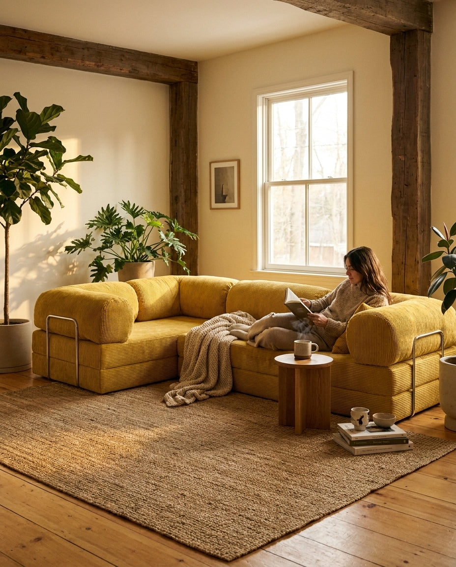 NORA ANGLE · Canapé d'angle convertible velours côtelé · Jaune