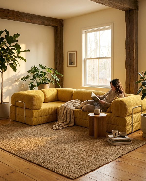 NORA ANGLE · Canapé d'angle convertible velours côtelé · Jaune