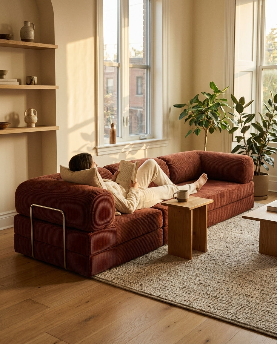 NORA ANGLE · Canapé d'angle convertible velours côtelé · Terracotta